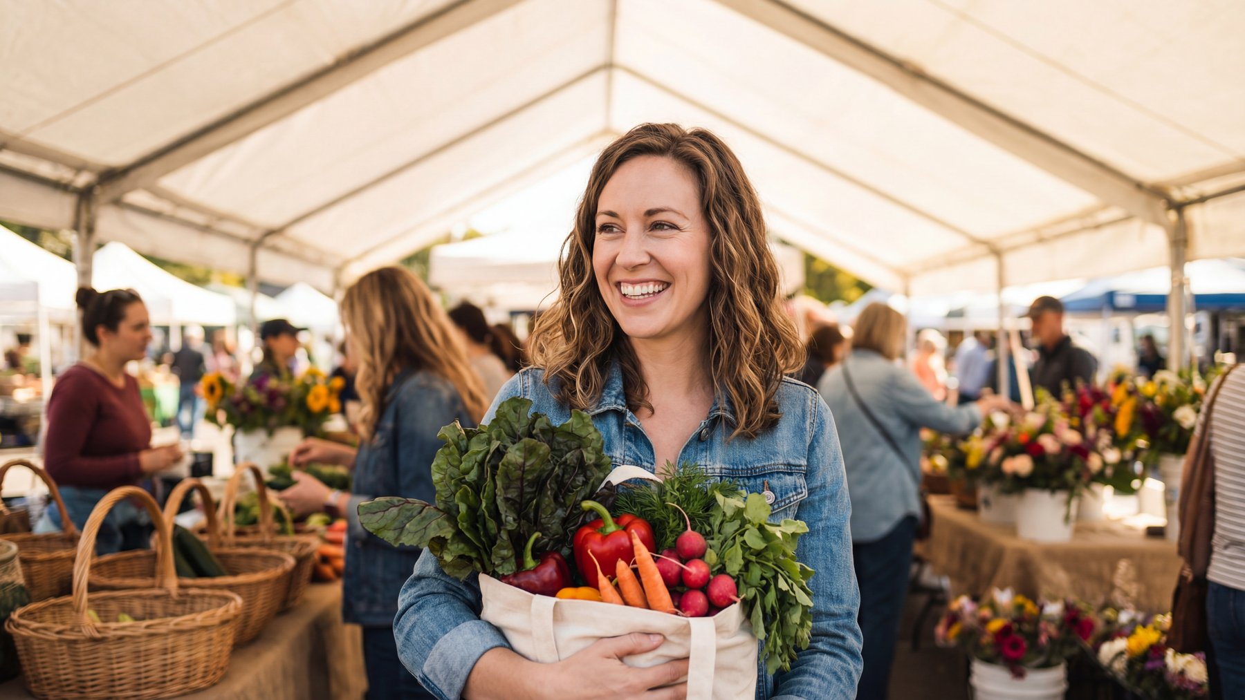 Smiling shopper with a bag of fresh produce under the market tent at the Shelburne Farmers Market
